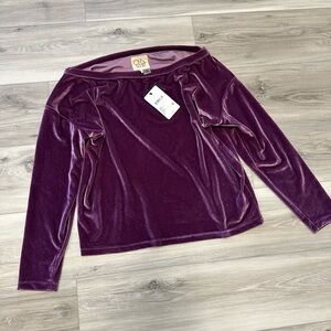 Chaser Stretch Velvet Long Sleeve Off Shoulder Dolman Pullover Purple M